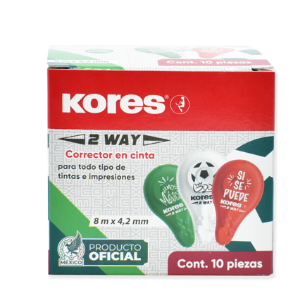 Corrector en cinta Kores 2 Way 8 m x 4.2 mm caja c/10 piezas Selección Mexicana, 84326.59 - KORES - SKU 84326.59