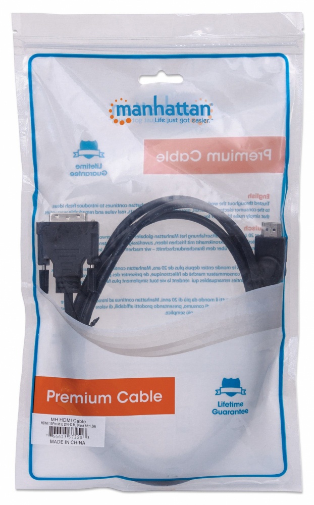 Manhattan Cable HDMI Macho - DVI-D 24+1 Macho, 1080p, 60Hz, 1.8 Metros, Negro, 372503 - MANHATTAN - SKU 372503