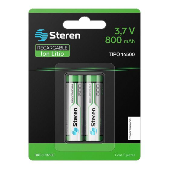 Paquete de Steren Batería Recargable 14500, 3.7V, 800mAh, 2 Piezas, BAT-LI-14500 - STEREN - SKU BAT-LI-14500
